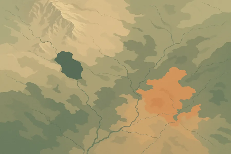 Illustration of True surface colours of the land, haze-corrected, from NASA's ASTER on Terra