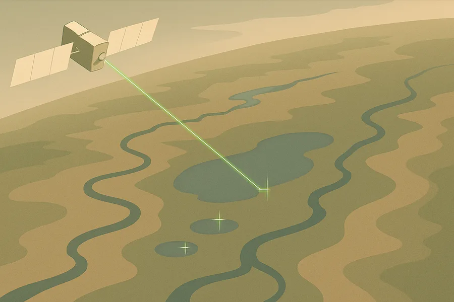 Illustration of Water height of lakes and rivers, measured by laser, from NASA's ICESat-2 satellite