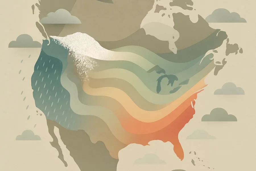 Illustration of Daily weather (temperature, rain, snow) across North America, from NASA's Daymet computer model (1 km detail)