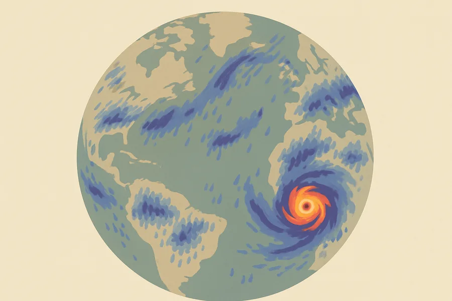 Illustration of How hard it's raining worldwide, quick estimate every 30 min, from the GPM satellite network (~11 km detail)