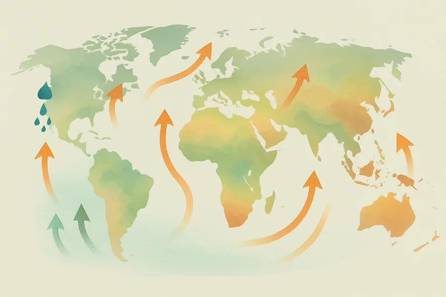 Illustration of Monthly surface heat, water and rain flows, from NASA's MERRA-2 climate model