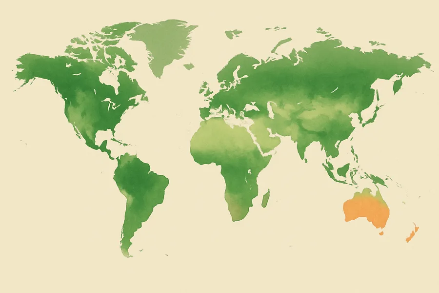 Illustration of How green the land is, from NASA's MODIS on the Terra satellite (monthly, ~5 km detail)