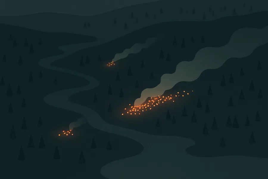 Illustration of Where fires are burning, every 8 days, from NASA's MODIS sensor on Terra (~1 km detail)