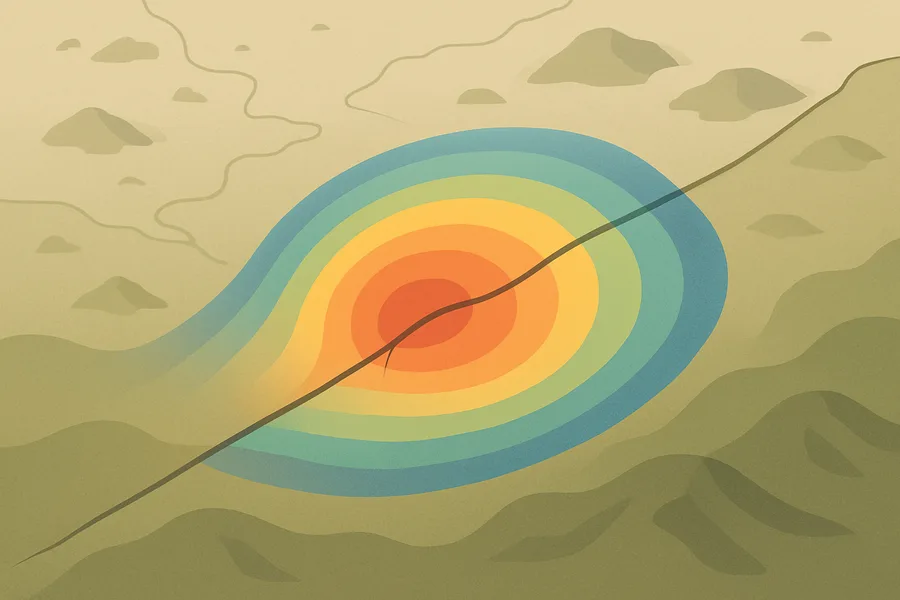 Illustration of Radar map of how the ground moved, from the NASA-ISRO NISAR satellite (beta, ~80 m detail)