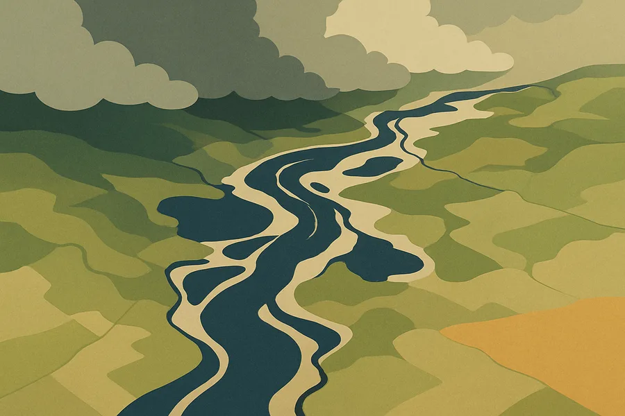 Illustration of Where surface water is, mapped through clouds by radar, from the Sentinel-1 satellites (30 m detail)
