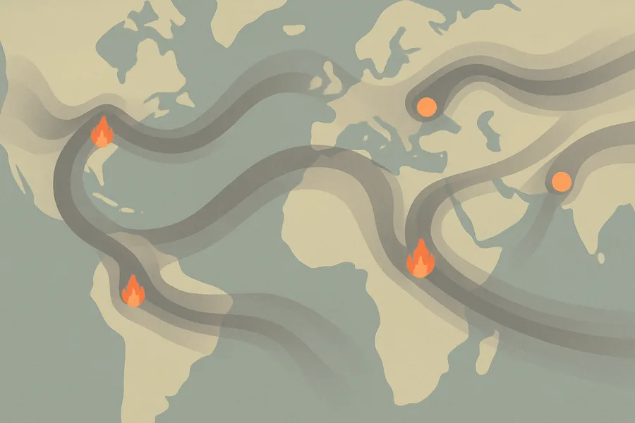 Illustration of Carbon monoxide in the air overhead, from ESA's Sentinel-5P satellite (TROPOMI, ~5.5 km detail)