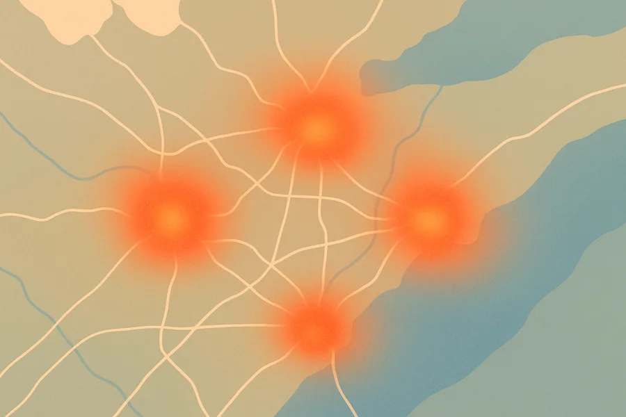 Illustration of Nitrogen-dioxide air pollution overhead, from the TROPOMI sensor on Sentinel-5P (~5.5 km detail)