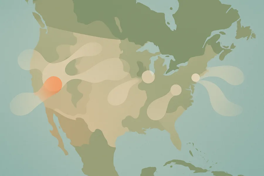Illustration of Formaldehyde in the air overhead, from NASA's TEMPO air-quality sensor (~10 km detail)