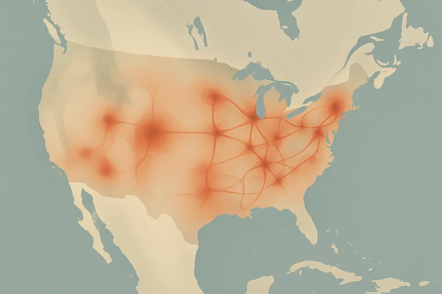 Illustration of Nitrogen dioxide pollution in the air overhead, hourly over North America, from NASA's TEMPO