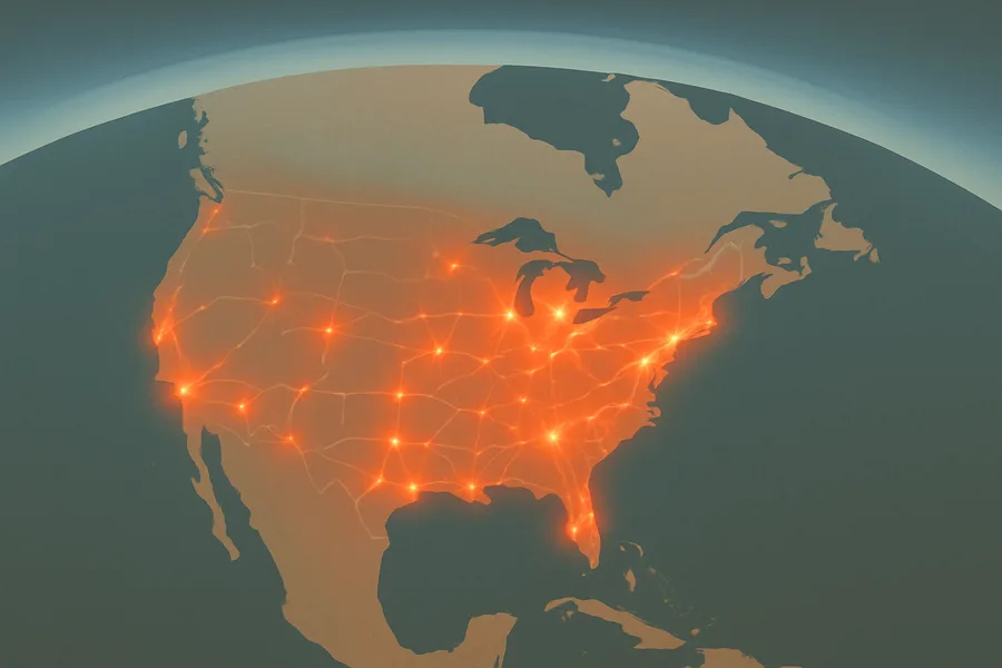 Illustration of Nitrogen dioxide pollution overhead, mapped, from NASA's TEMPO instrument